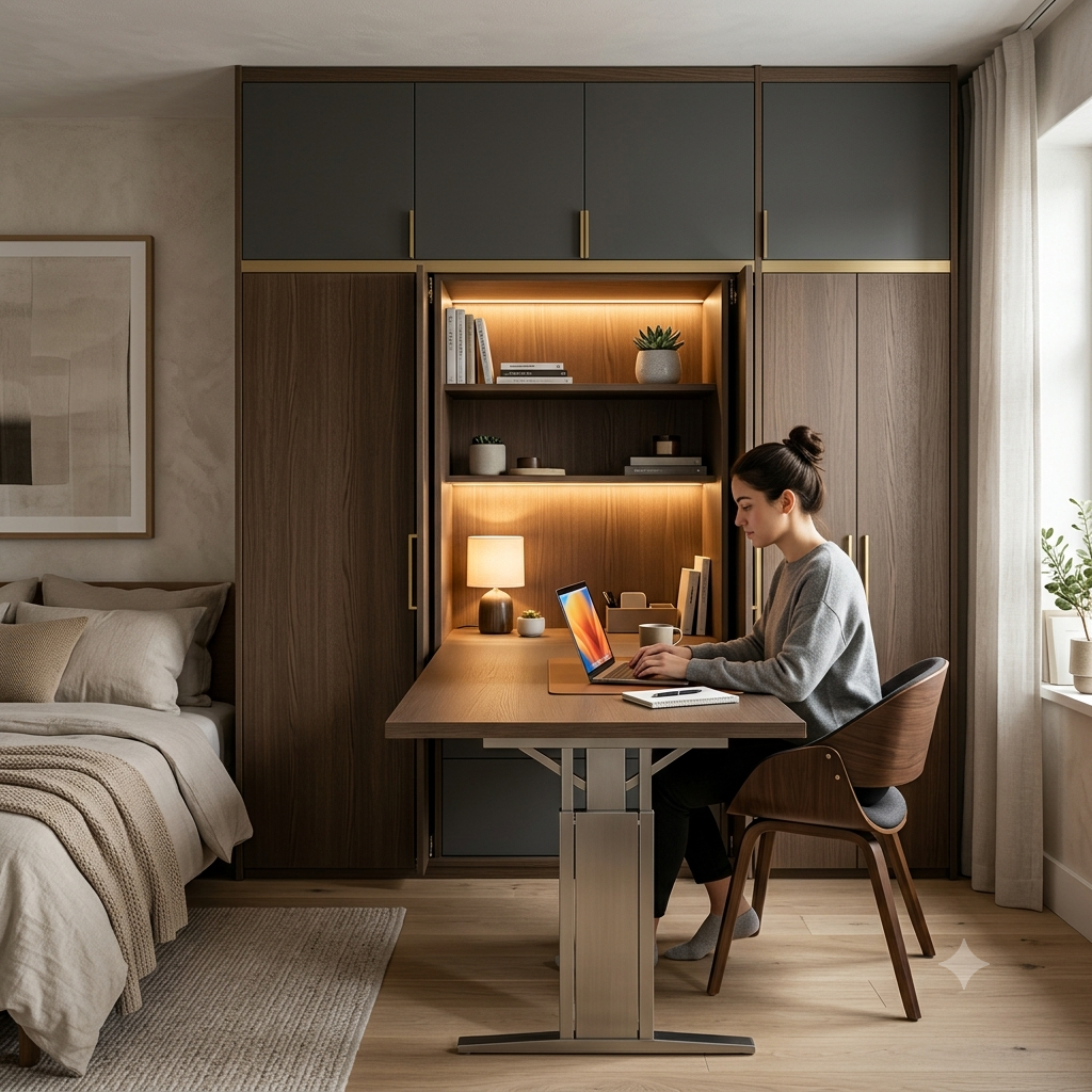 Wardrobe with built in fold out study table, a wardrobe unit that conceals a functional pull-down desk surface within its interior panel -- transforming the garment storage zone into a productive workspace at the touch of a button